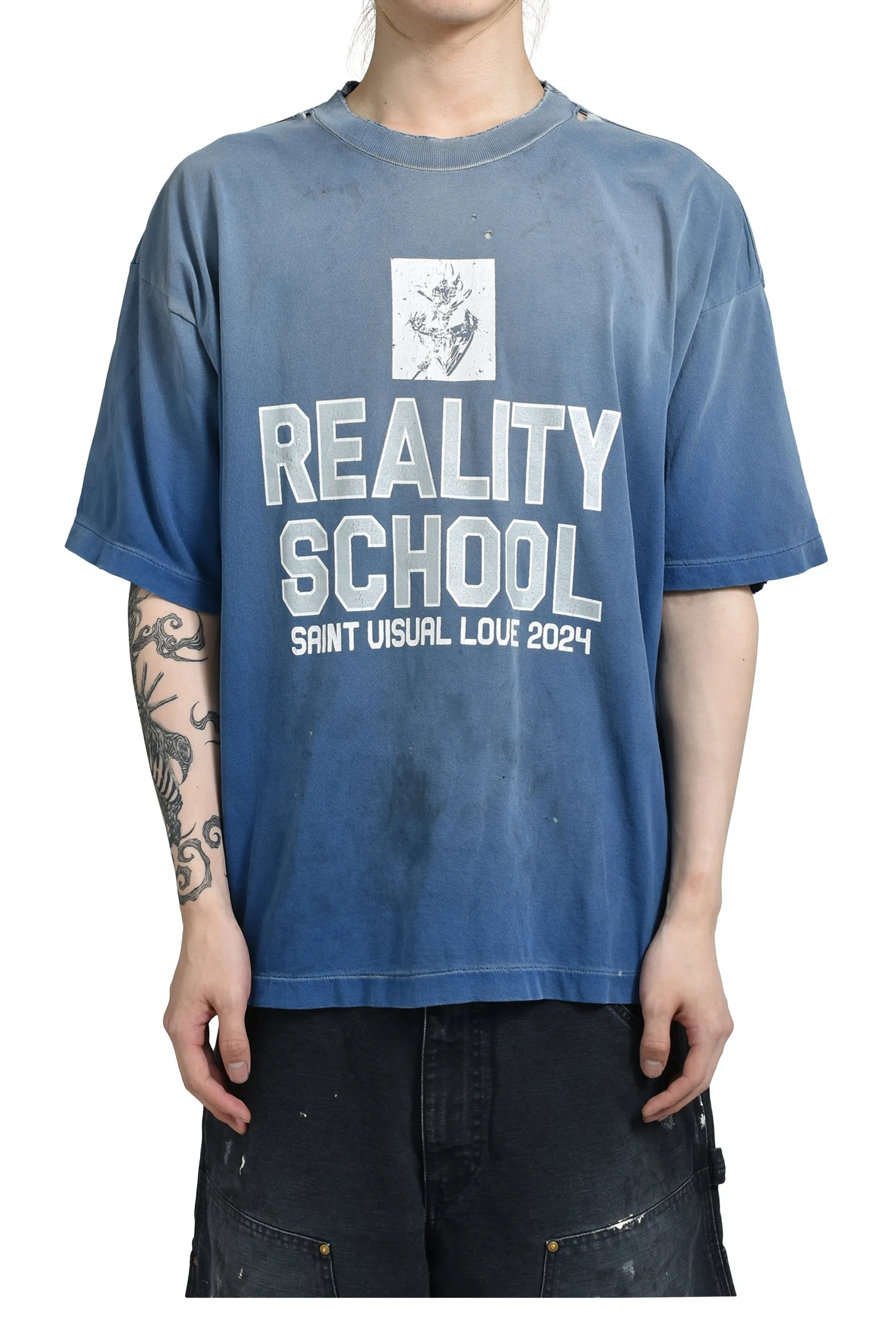 SAINT Mxxxxxx REALITY SCHOOL SS_TEE/NVY slogan distressed short-sleeves, washed blue S-XL, garment dyeing, horse fade, ultra-complex shearing and destruction treatment, correct version, cylindrical fabric, customized original consistent main mark/wash mark, original consistent silver powder printing, distressed treatment